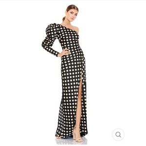 MacDuggal Polka Dot One Shoulder Long Puff Sleeve High Slit Gown Size 8